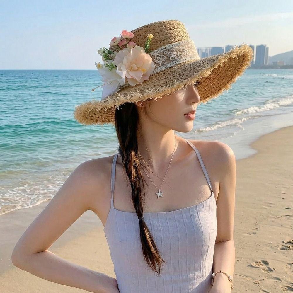 Boho Lace Flower Straw Hat Tassel Edge Women's Sun Hats Fashion Weave Flat Cap Outdoor