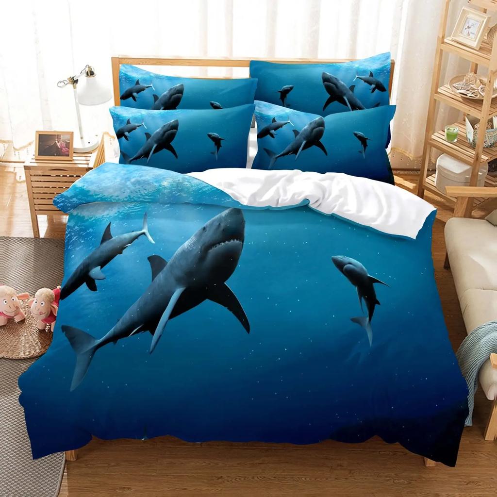 Shark Duvet Cover Ocean Watercolor Fish Quilt Cover Sea Animal Marineland Theme Decoration Bedding For Children Boys Girls Gifts