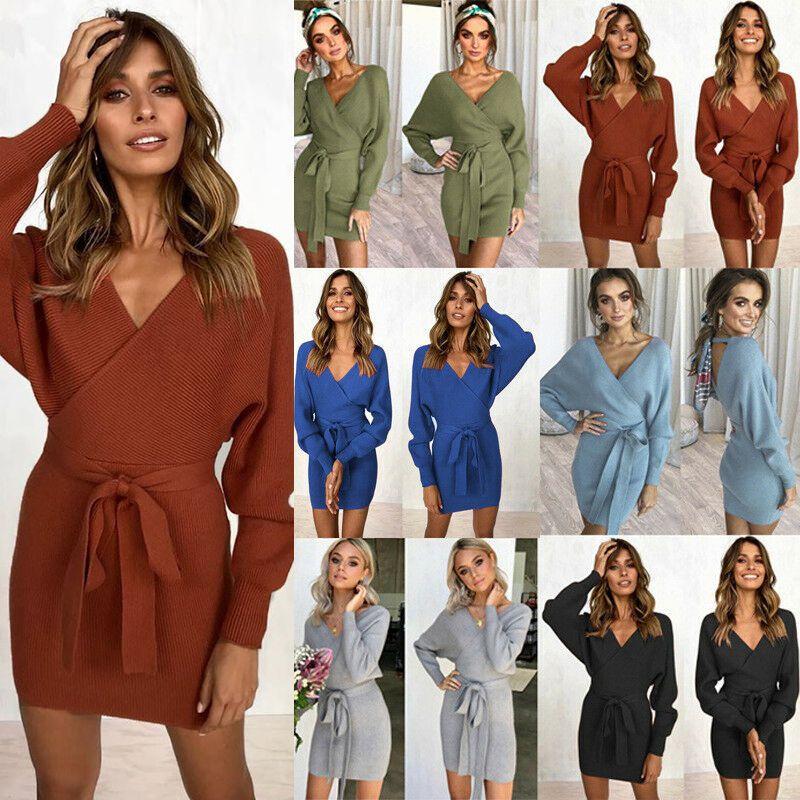 Elegant Women's V-neck Bodycon Jumper Dress With Long Sleeves And Tie Belt