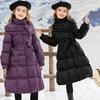 -30℃ Long Style Girls Jacket Winter Solid Color Thick Warm Fashion Hooded Trench Coat for 5-12Y Kids Cotton Down Snowsuit