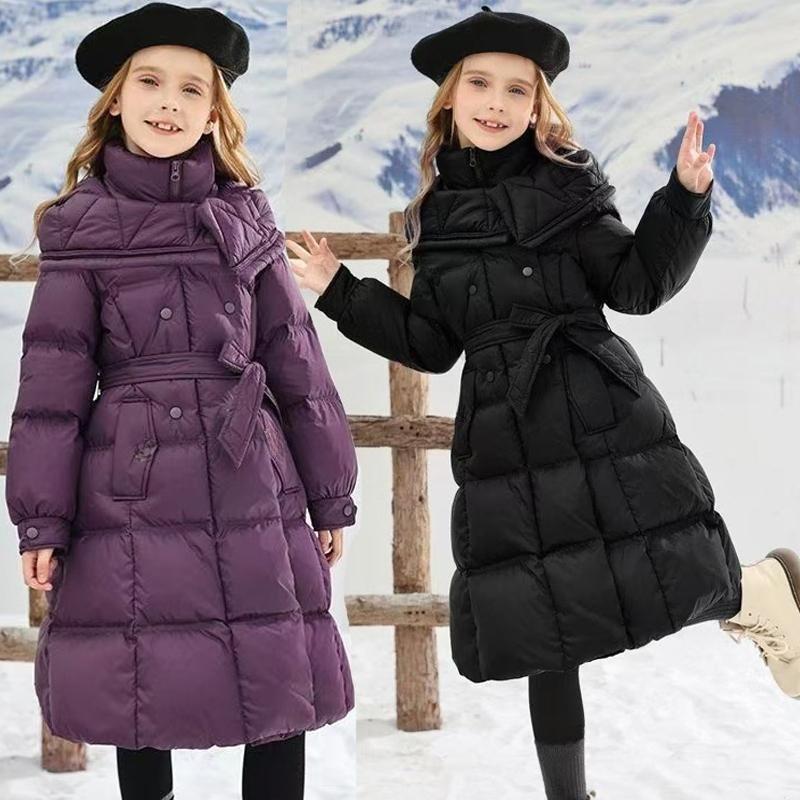 -30℃ Long Style Girls Jacket Winter Solid Color Thick Warm Fashion Hooded Trench Coat for 5-12Y Kids Cotton Down Snowsuit