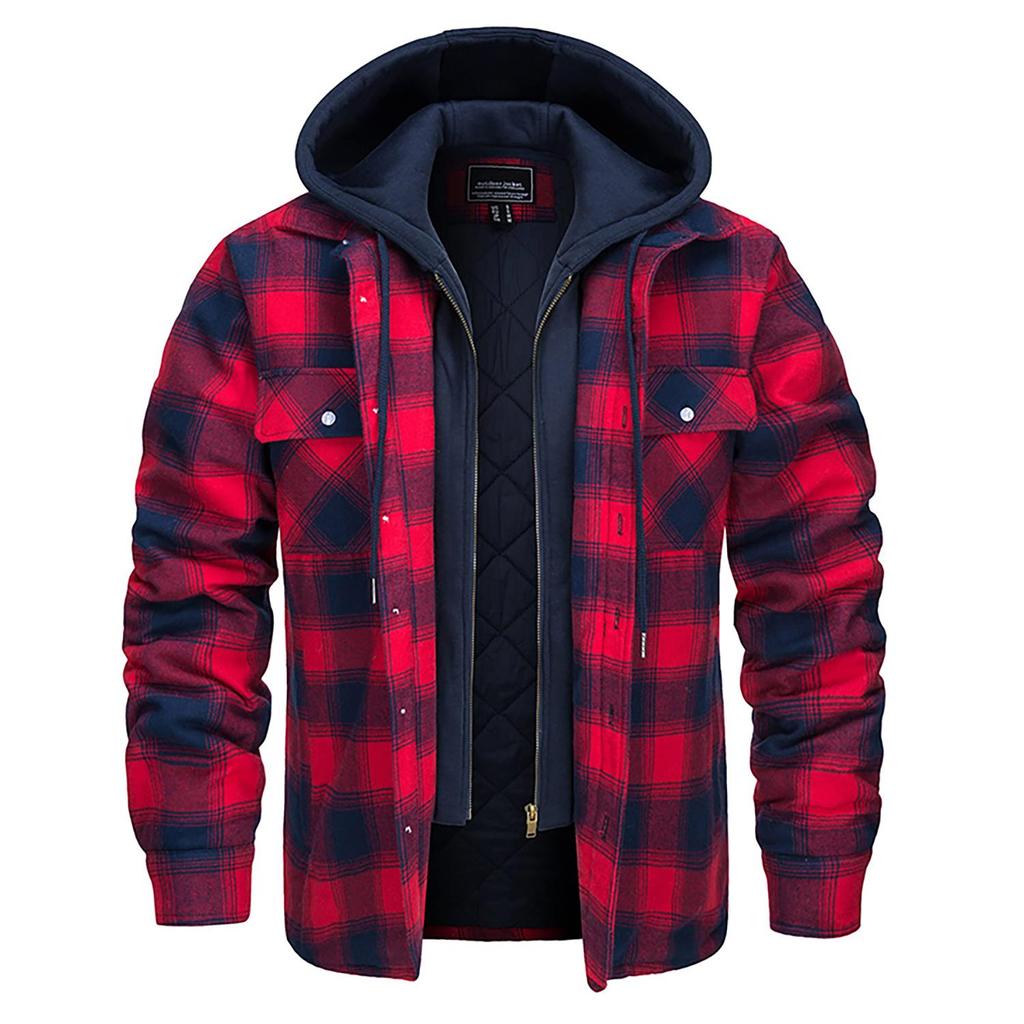 Plaid Flannel Shirt Jacket Men‘s Quilted Lined Coats with Removable Hood Winter Thick Hoodie Outerwear Heavy Shirts