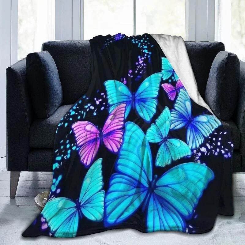 Cartoon Butterfly Pattern Throw Flannel Blanket Chic Super Soft Warm Plush Blanket for Bedroom Couch Sofa Decoration
