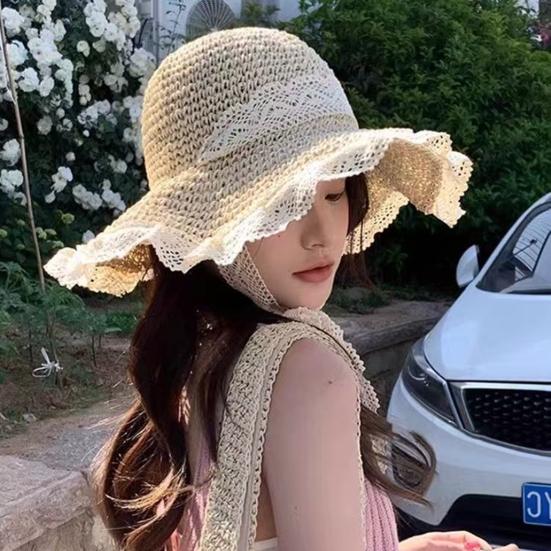 Sun Hat Windproof Large Brim Lace Trim Non-Slip Handmade Straw Hat with Straps Face Shaping Summer Beach