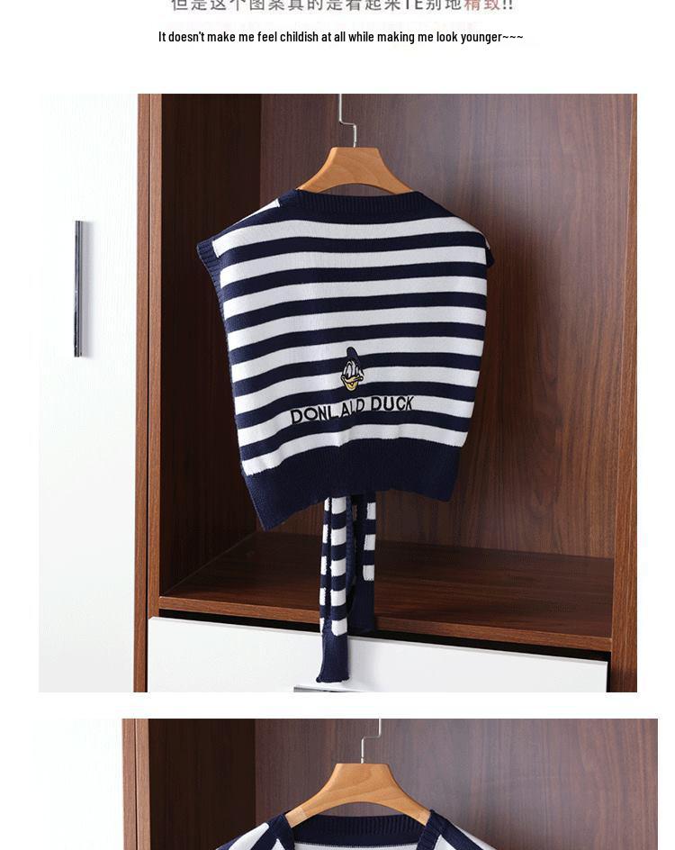 Donald Duck Embroidered Striped Wool Shawl - Women's Lightweight Knitted Scarf & Shoulder Protector for Spring & Autumn