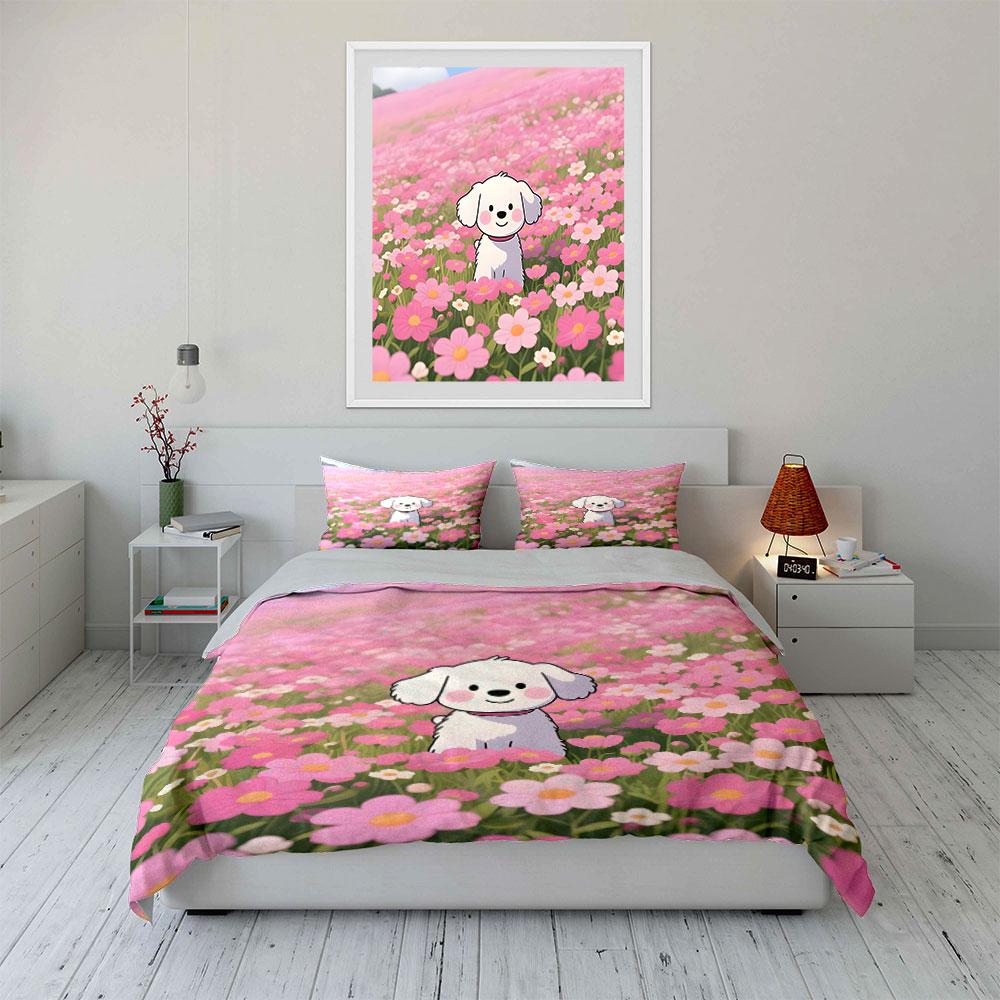 "Adorable Puppy In Flower Meadow" Exquisite Three-piece Bedding Set Gift for Kids and Adults