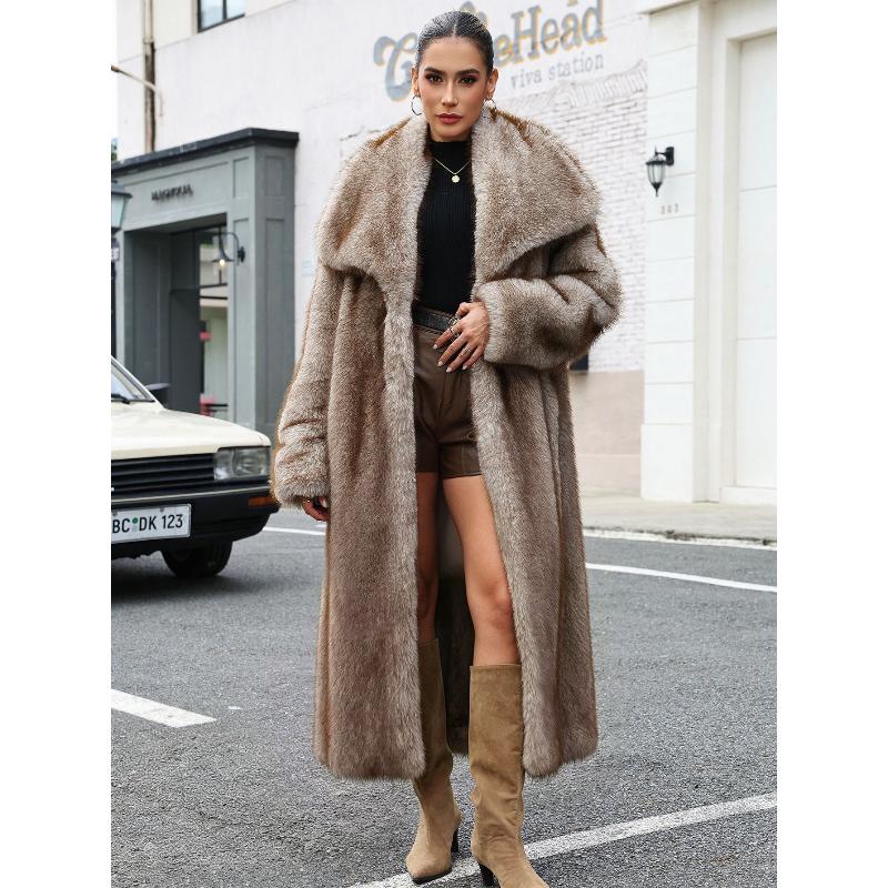 Shaggy Faux Fur Warm Maxi Overcoat for Women Luxury Lapel Open Front Fluffy Winter Parka Outwear Long Jackets Women's Long Sleeve Shawl Collar Coats