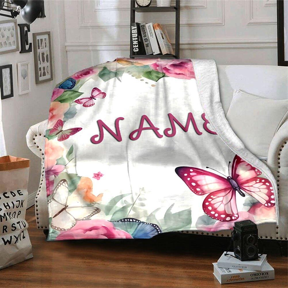 Floral Butterfly Garden Design Multipurpose Personalized Blanket Customize Text Soft Cozy Suitable For Sofa Couch Office Bed Picnics For All Occasions
