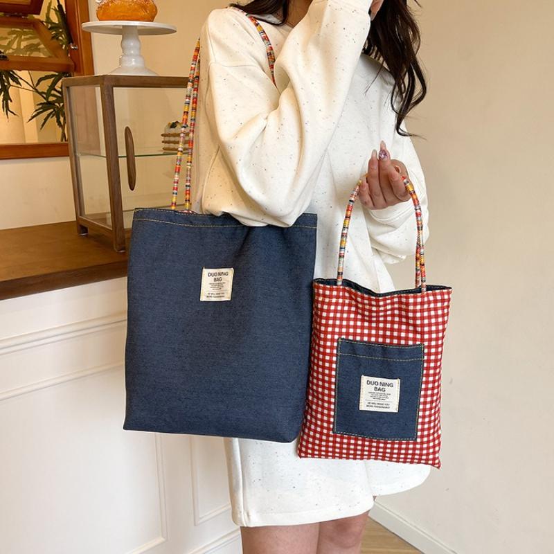 Retro Karomuster Denim Doppelseitige Schultertaschen für Damen Pendler Damen Perlenhandtaschen Tote Lässig Vielseitig Damen Unterarmtasche