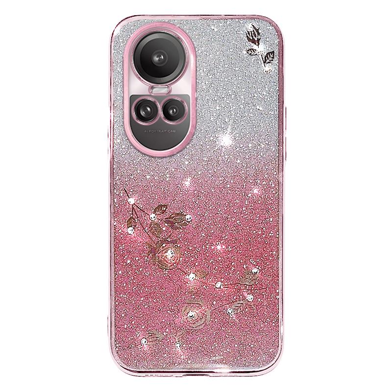

KADEM For Oppo Reno10 Pro 5G (Global)/Reno10 5G (Global) Glitter Rhinestone Decor TPU Case Flower Pattern Phone Cover with Strap Rose Gold