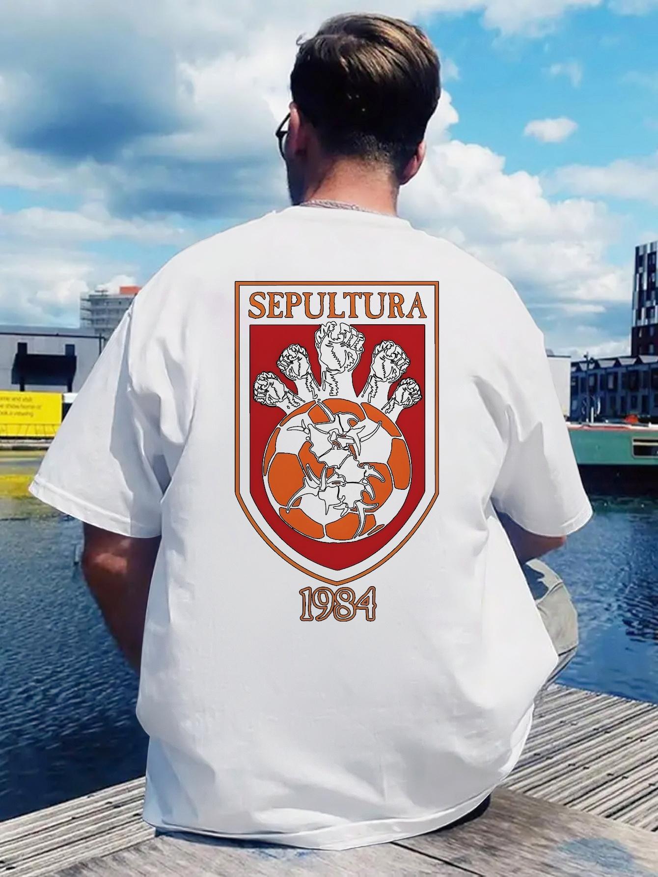 

Vintage Rock Band Graphic T-shirt - Back Print Retro Shield Design with Red & Beige Colors - Lightweight Breathable Polyester Shirt for Concerts XXXL