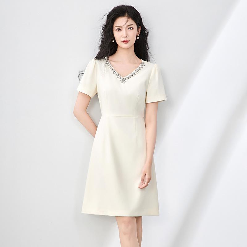 

Платье с V-образным вырезом, коротким рукавом и стразами - Французский стиль, Высококачественная женская летняя мода L абрикосовый