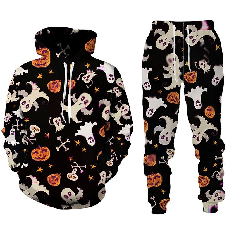 Halloween Kürbisdruck Trainingsanzug Set Herren Hoodie und Jogginghose Zweiteiliges Set Mode Street Trend Festival Jogginganzüge
