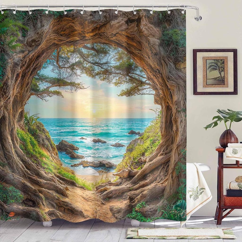 Nature View Shower Curtain Set Tree Archway Ocean Sunset Print Waterproof Bathroom Shower Curtain Serene Coastal Scene Home