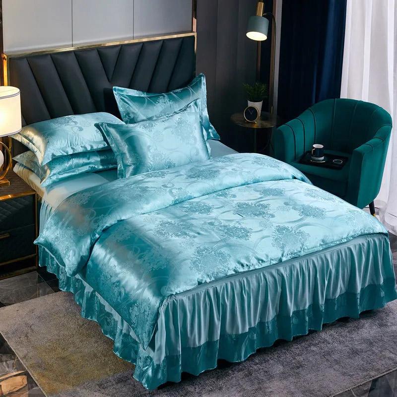 4 stk/sett Europeisk Jacquard Sengeskjørt Sengetøysett Fire Sesonger Laken Dynetrekk Sommer Issilke Dobbeltseng Bryllup Lett Luksus Fire Deler Sett