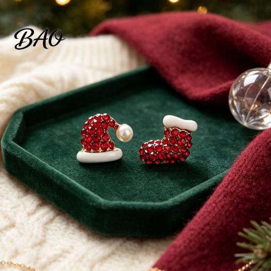 Christmas Costume Jewelry 1 Pair Stud Earrings, Sparkly Red Rhinestone Stocking Lightweight Alloy Ear Pins And Santa Hat Holiday Gifts for Women