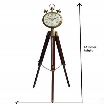 Wooden and Metal Tripod Clock with Big Size Stand, Brass and Brown