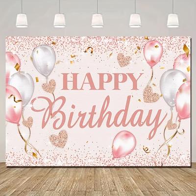 Happy Birthday Background, Pink and Rose Gold Party Decorations, Holiday Studio Background for Women and Girls