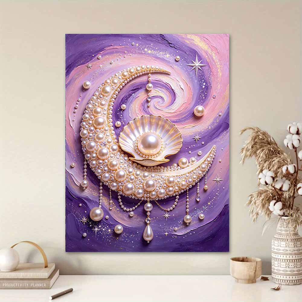 Framed Pearl Bead Painting Kit Celestial Moon Shell Design DIY Shiny Canvas Art Relaxing Craft Gift for Craft Lovers Creative Wall Decor