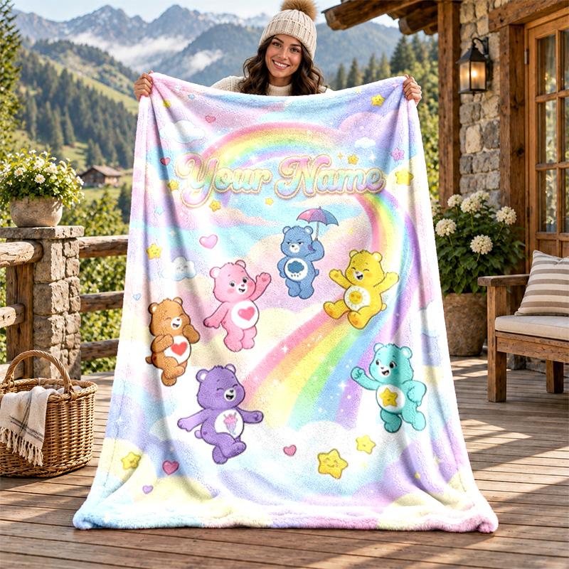 Care Bear Custom Name Flannel Blanket Personalized Soft Warm Plush Throw Blanket Customized Gift for Family Friends