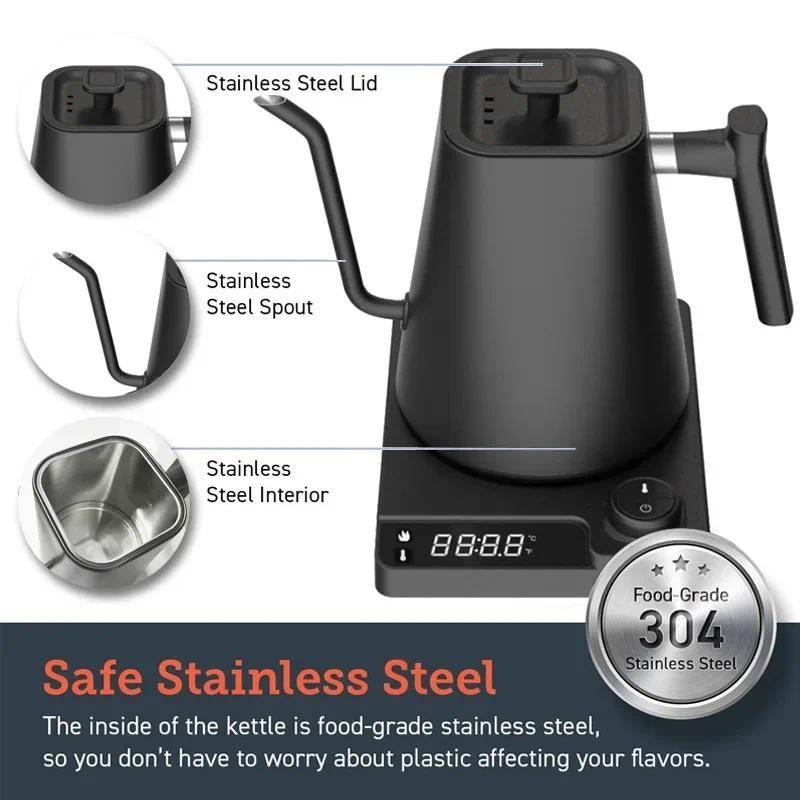 1200W Gooseneck Electric Kettle Stainless Steel Professional Coffee Pot Precise Temperature Control Water Boiler