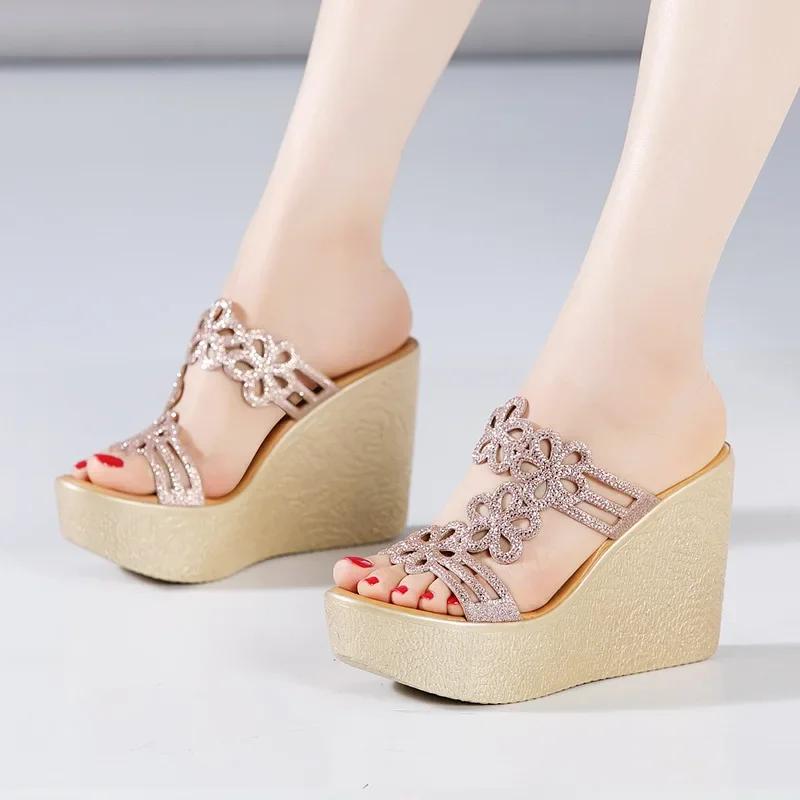 Small Size 32-41 Comfortable Rhinestone Cutout High Heels Shoes Summer Slippers 2025 Thick Platform Wedges Slides Party Office