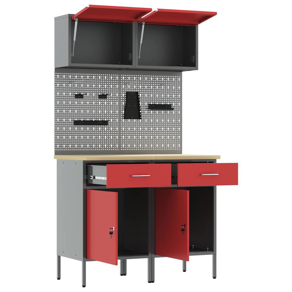 Workbench Cabinet Set with Drawers and Shelf 6 pcs Red