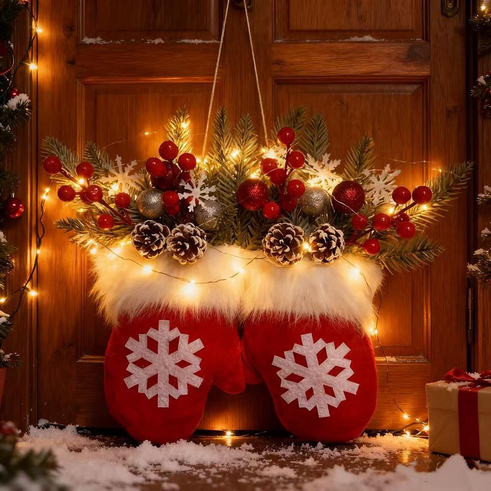 Glowing Twinkling Xmas Gloves Garland Artificial Pines Branches Berries Frosted Pines Cones Holiday Atmosphere Party