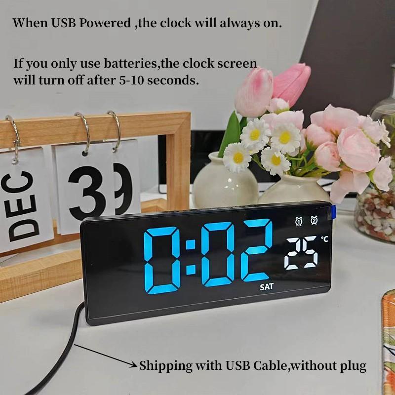 USB Powered Always On Digital Alarm Clock TEMP Week Dual Alarm  DST Snooze  Night Mode 12/24H Voice Control LED Clock