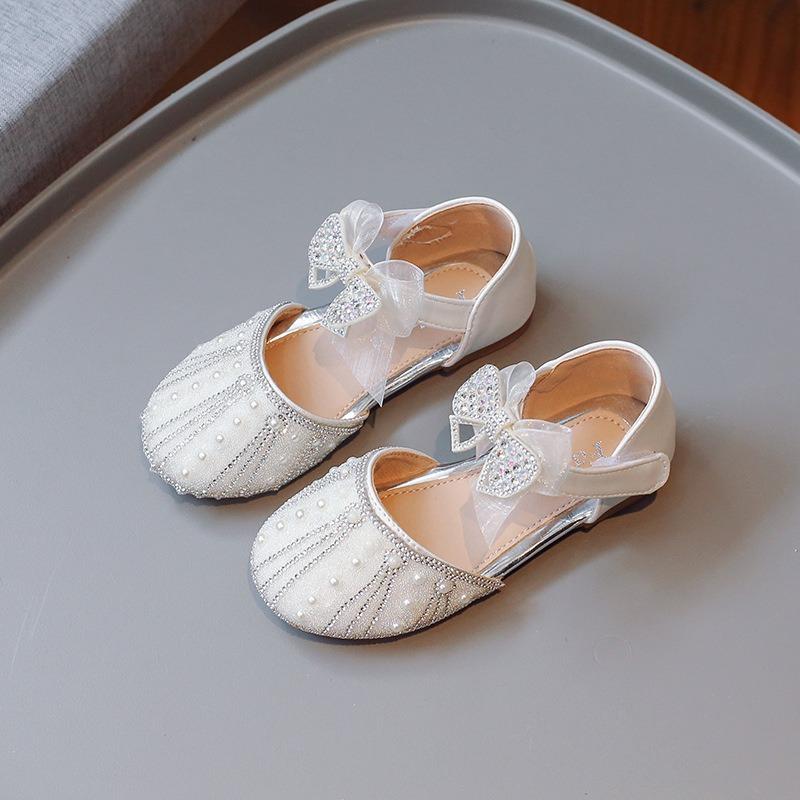 New summer cute half sandals with bow, pearls and rhinestones for girls princess style 23 серебряный