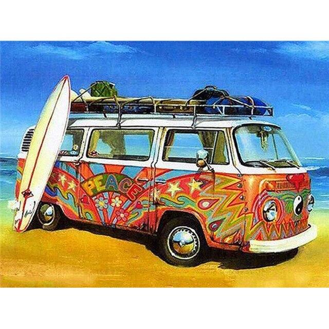 5D-Diamant-Stickerei zum Selbermachen, Bus, Diamant-Gemälde, Kreuzstich, Kunsthandwerk, Diamant-Mosaik-Set, komplett, quadratisch, rund, Strass, Heimdekoration