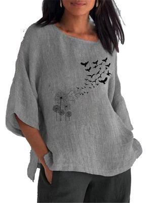 Blouse Femme Mode Coton Lin Printemps&été Col Rond Manches Longues 3/4 Chemise Dames Pull Tops Amples