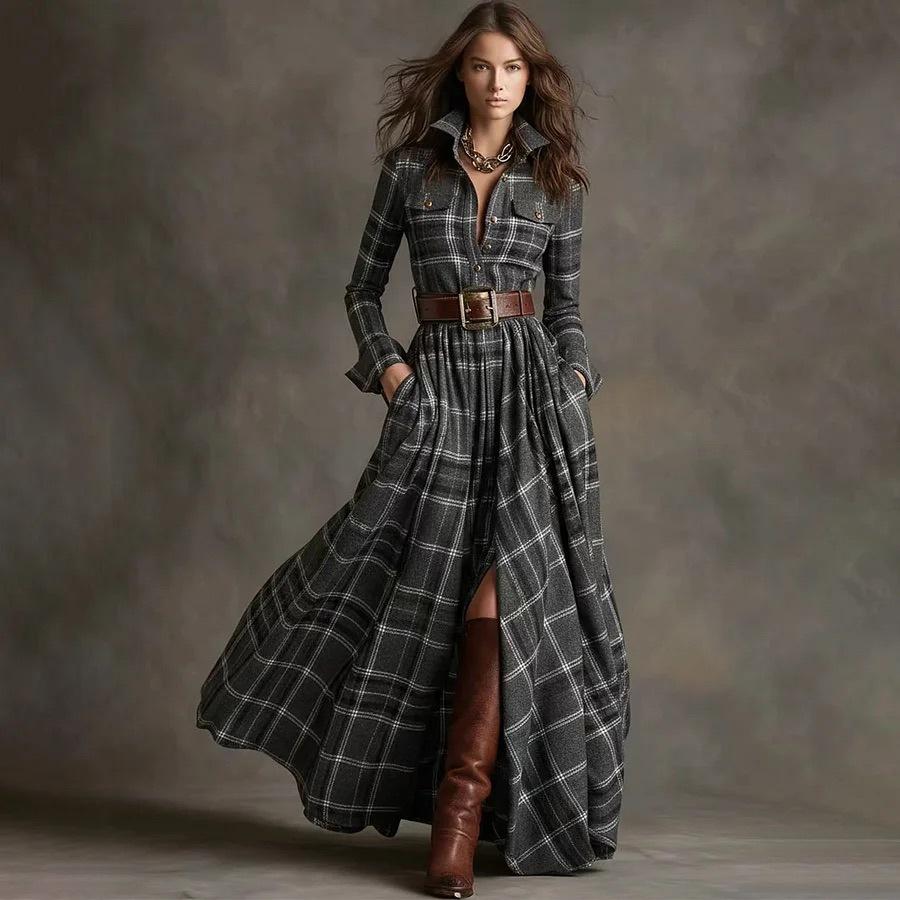 Damska ciemnozielona sukienka koszulowa midi z długim rękawem, zapinana na guziki w kratę