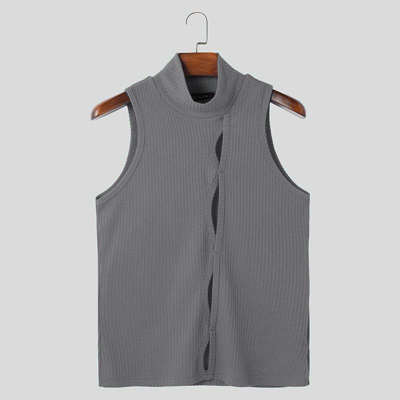 

INCERUN Men High Neck Sleeveless Hollow Out Texture Casual Summer Tank Tops M серый