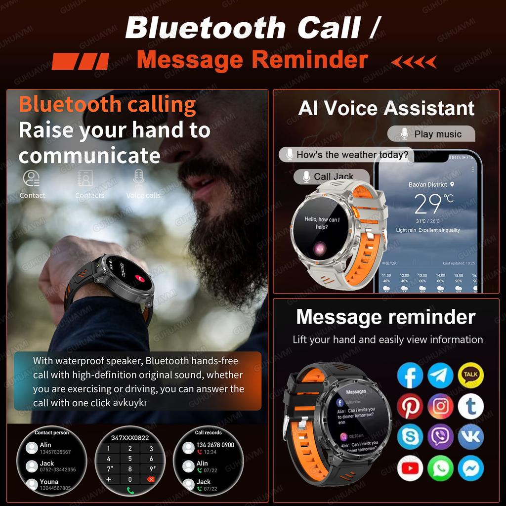 2026 New 1100mAh Battery Outdoor Ultra Durable Men Smartwatch Flashlight Heart Rate Bluetooth Call 5ATM Waterproof Sports Smart Watch