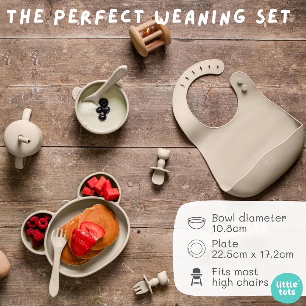 Baby-Beikost-Set von Little Tots | Silikon-Saugplatte, Saugnapfschale, Lätzchen, Trinklernbecher + Strohhalm, Kleinkind-Löffel + Gabel, Beikost-Gabel + Löffel | 8-teilig