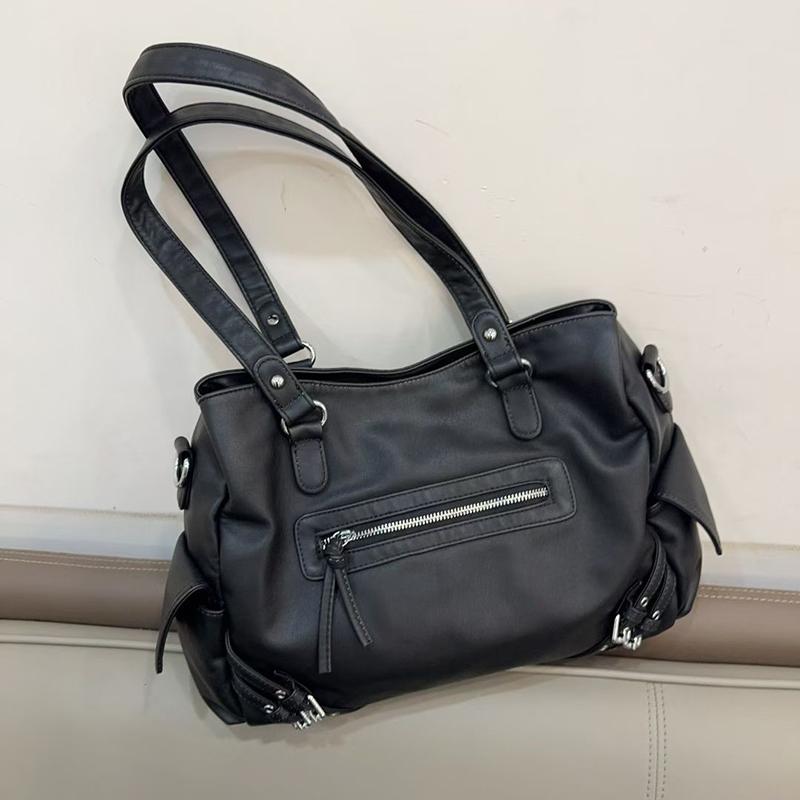 

Стильная черная кожаная сумка-тоут с несколькими карманами, сумка через плечо для женщин, дизайн с молнией и пряжкой, сумка для студента, сумка для commuters, сумка под мышку чёрный