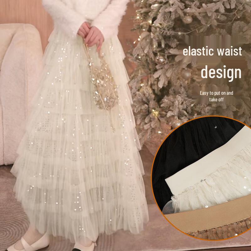 Süßer mehrlagiger A-Linien-Maxirock aus Netz mit Pailletten