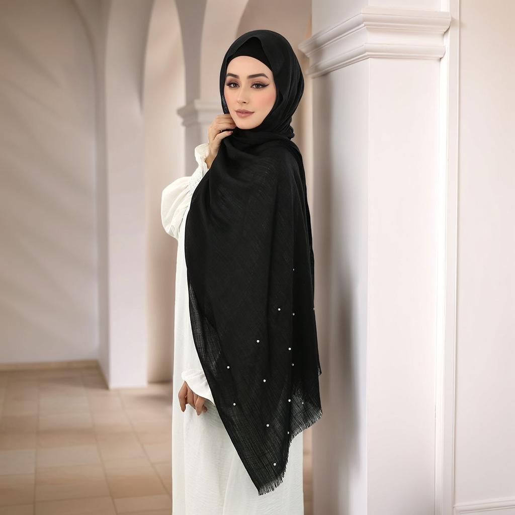 Soild Remove Edge Cotton Bamboo Scarf With Pearls Muslim Hijab Long Shawl Elegant Pearl Headscarf Soft Comfortable Cotton Shawl