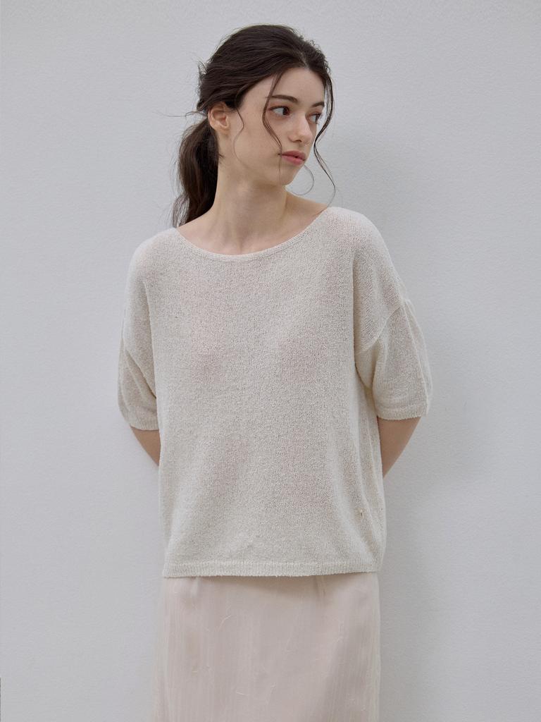 LE STUDIO Cooling Boat Neck Short Sleeve Knit Oatmeal