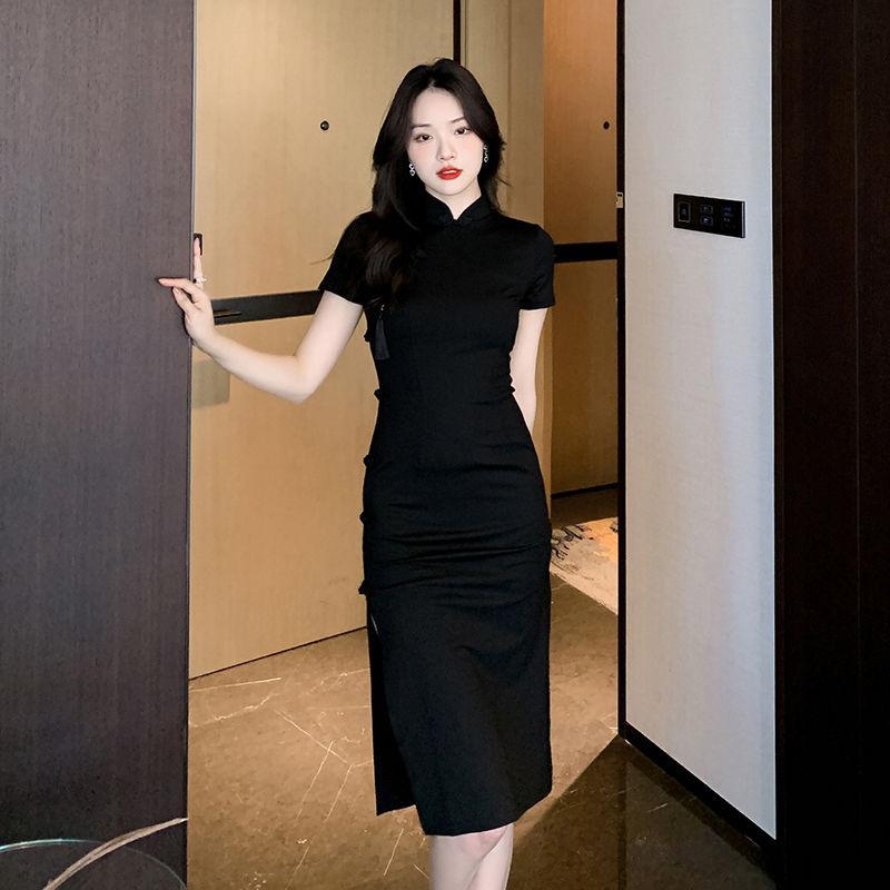 Chinese Retro Buckle Improved Cheongsam Skirt Children's High-end Black Dress Summer Waist Split Hip Skirt