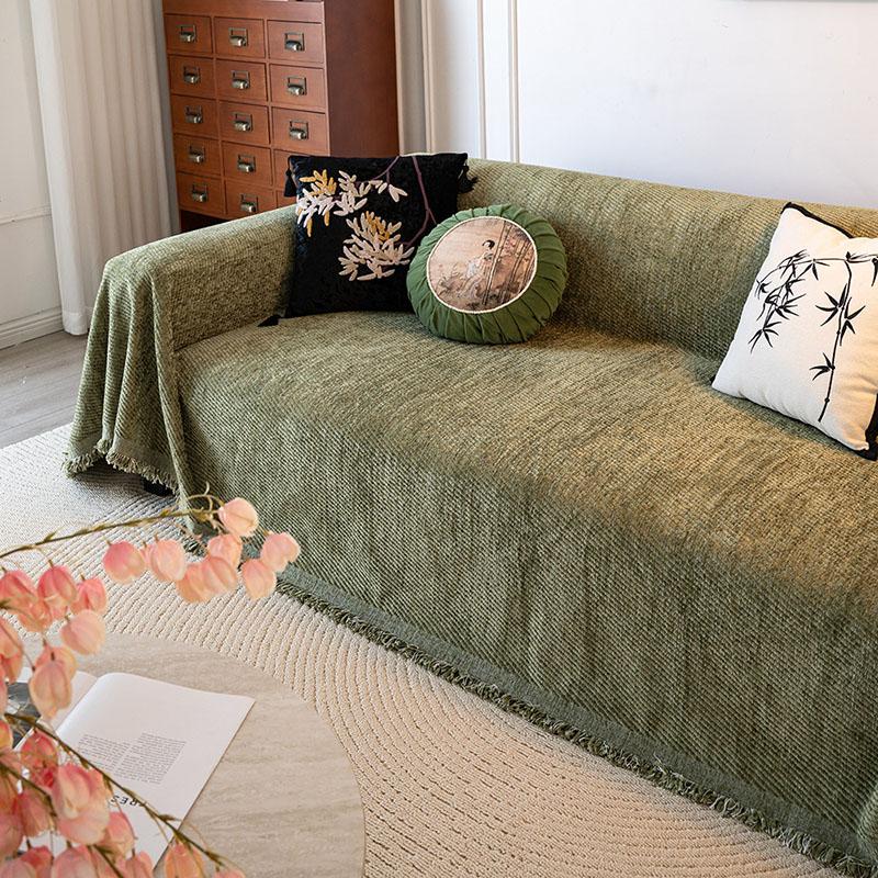 

Simple Solid Anti-Scratch Sofa Towel with Tassel Pet Friendly Double Face Usable Sofa Cover Easy-Care Dust Cover for All Seasons 180x130cm зелений