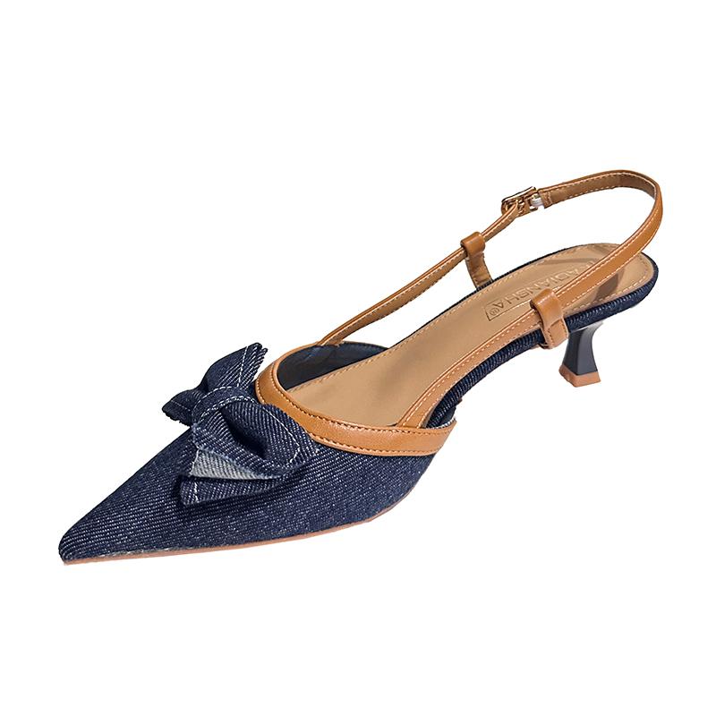 New Bow Pointed Toe Heeled Sandals Women's Mid Heels Mules Shoes Elegant Party Slippers Sexy Pumps Cowboy Ladies Shoes