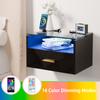 Wall-mounted Bedside Table with Lights 3-Tier 2AC/2USB with Drawer Wood Bedside Multifunctional Cabinet Tempered Glass Top Shelf