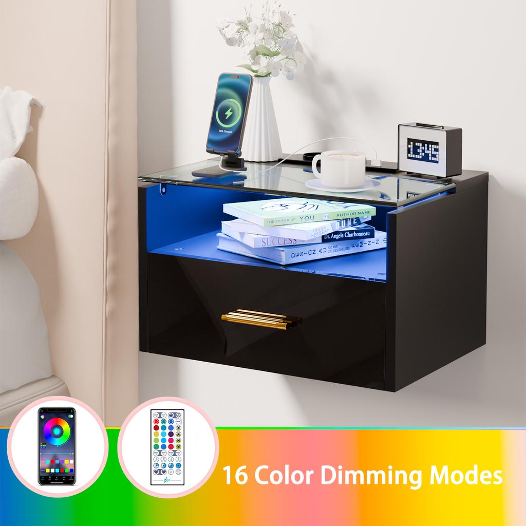 Wall-mounted Bedside Table with Lights 3-Tier 2AC/2USB with Drawer Wood Bedside Multifunctional Cabinet Tempered Glass Top Shelf