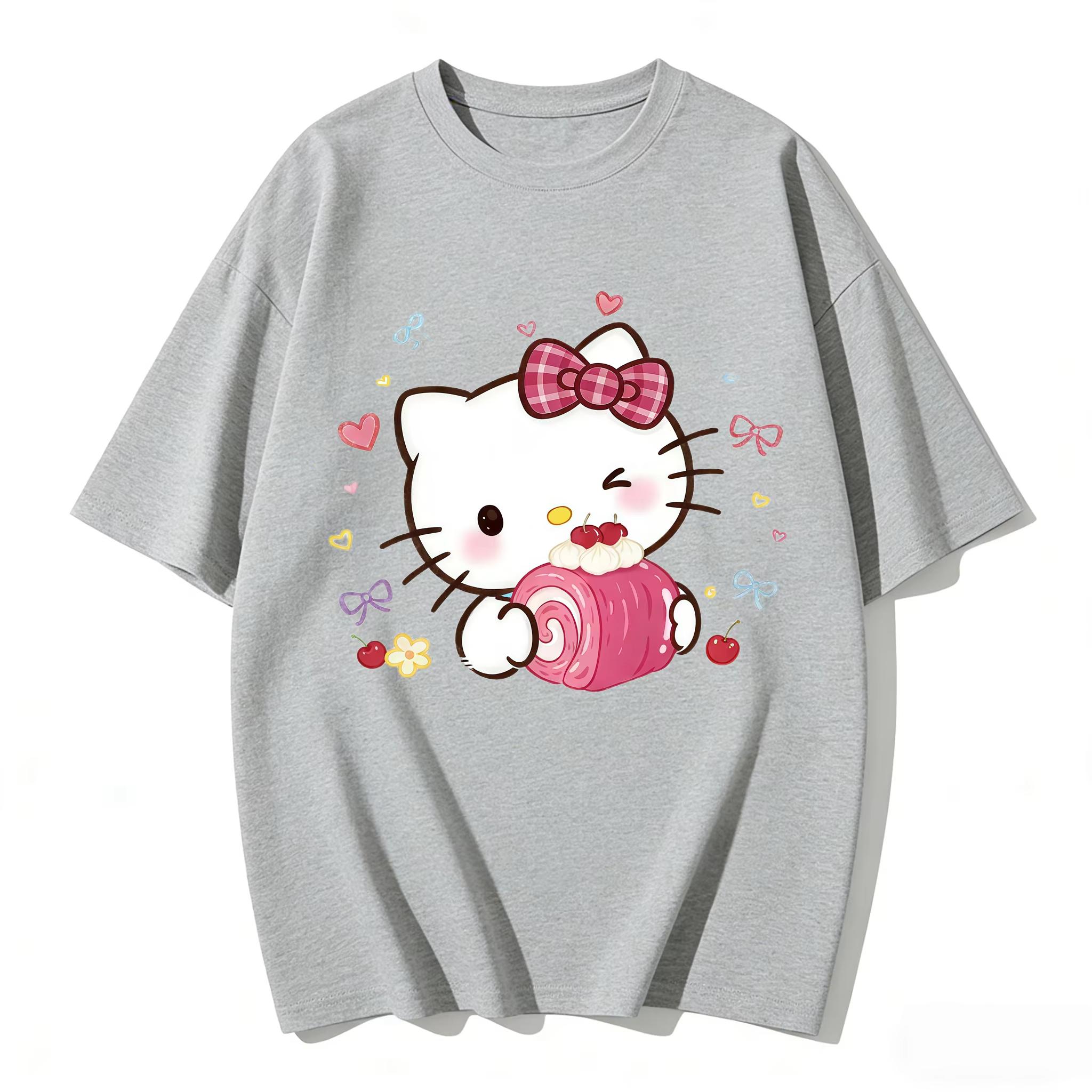 

Summer 2026 Hello Kitty Cartoon Pattern Printed Womens Tshirt Shortsleeved Pure Cotton Tshirt Outdoor Activity Comfort Top S