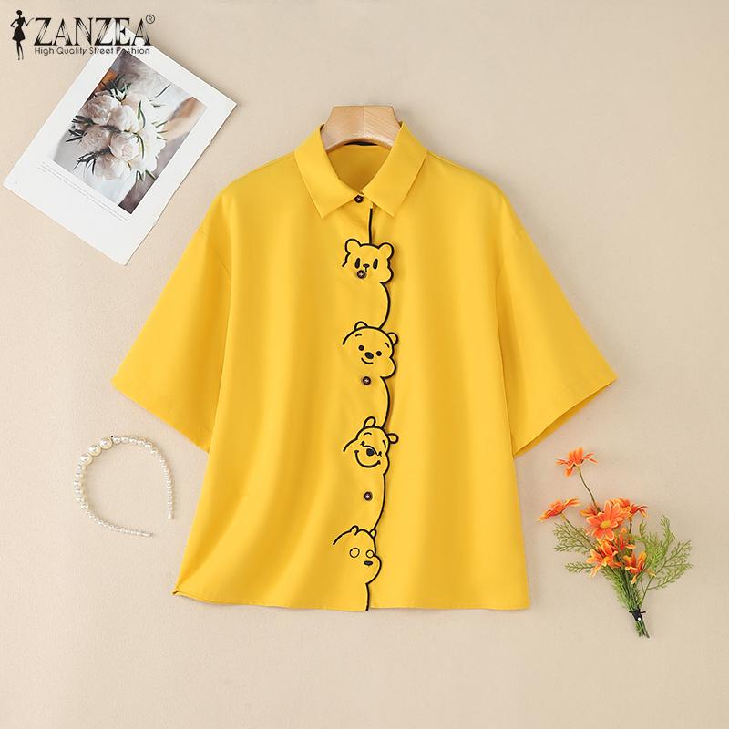 ZANZEA Women Turn Down Collar Loose Short Sleeve Print Blouse