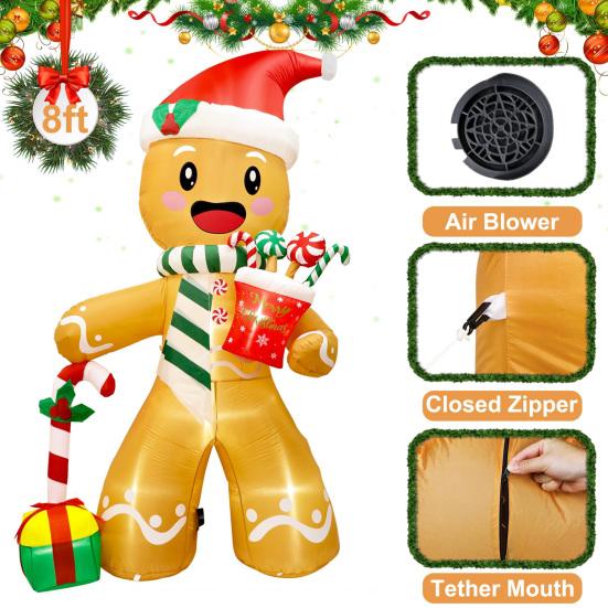 Lighted Christmas Inflatable Figurine Large Cute Blow Up Snowman Penguin Gingerbread Man Santa Ornaments with Built-in LED Light for Lawn Party Decor