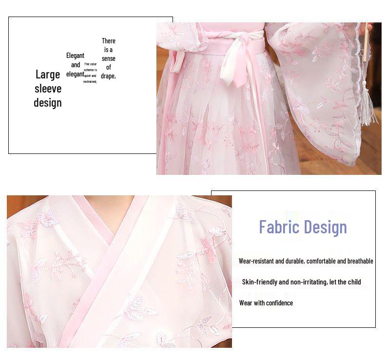 Letnia Sukienka Hanfu w Chińskim Stylu dla Dziewcząt - Elegancka Księżniczka Wróżka z Haftem i Szerokimi Rękawami