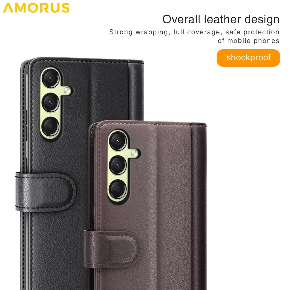 AMORUS For Samsung Galaxy A16 5G/4G Stand Cases Calf Texture Genuine Split Leather Wallet Phone Cover